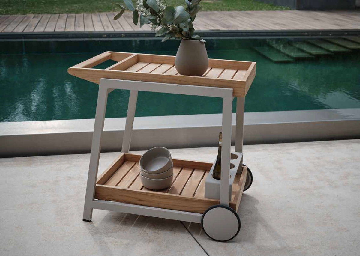 Preview: STERN® Servierwagen FRIDO Aluminium greige mit Ablageflächen aus Teak