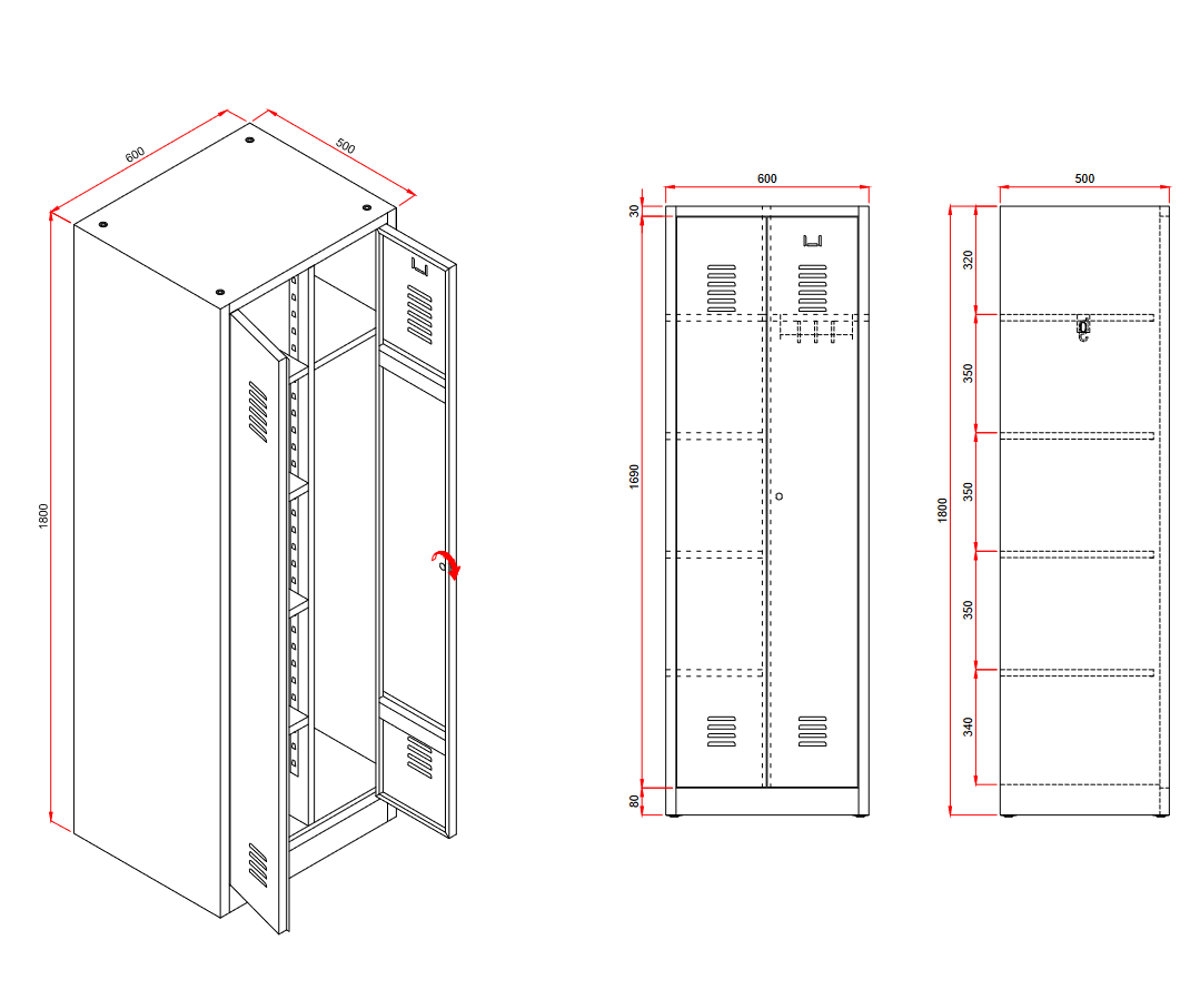Preview: Mehrzweckschrank Spind 2-türig 180x60x50cm, grau VE10