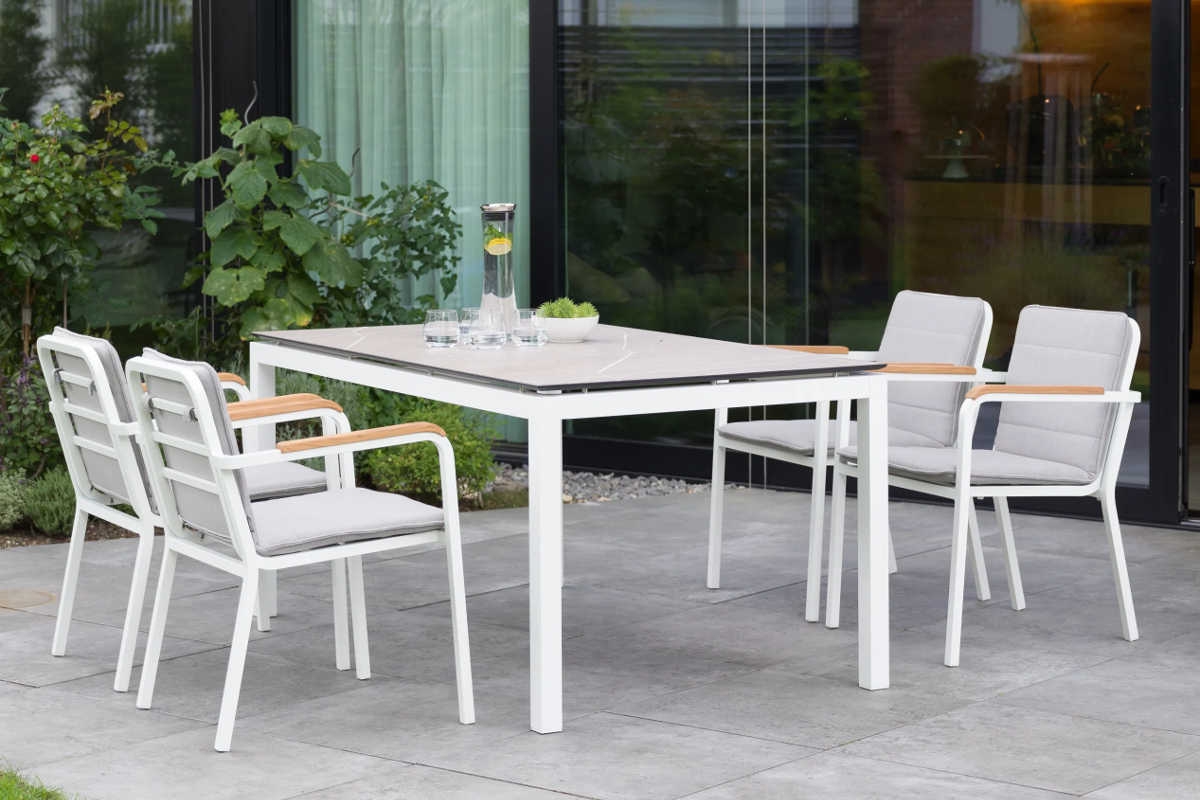 STERN® Stapelsessel PEPE Aluminium weiß mit Teakarmlehnen