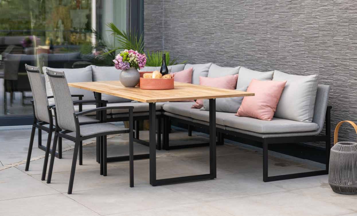 Preview: STERN® Kufentisch Aluminium mit Teak Tischplatte 180x100cm