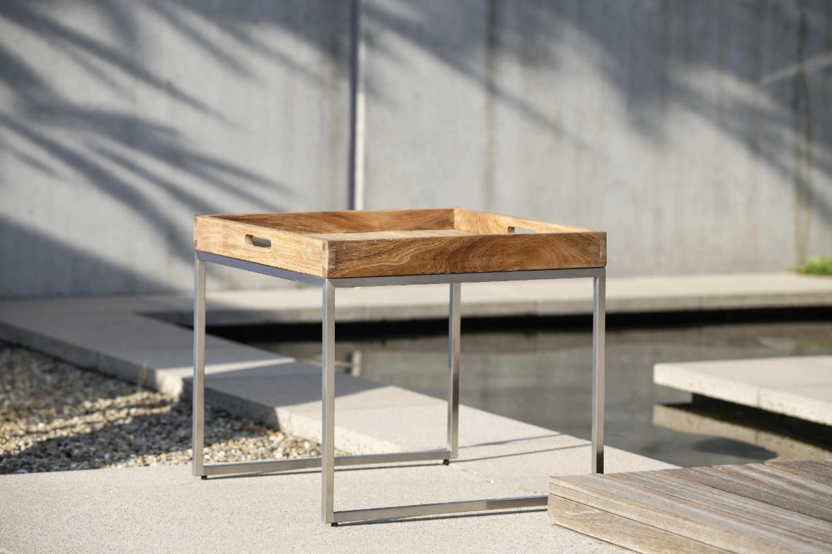 Preview: STERN® Tabletttisch Edelstahl mit TEAK-Tablett 50x50cm