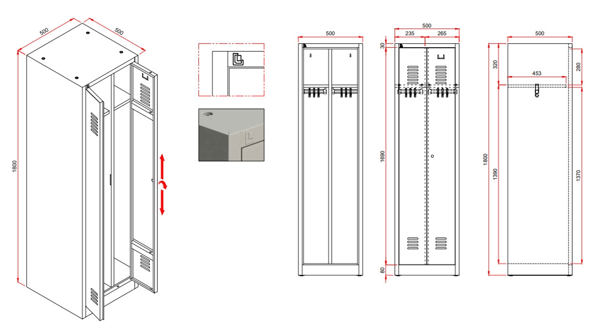Preview: Garderobenschrank mit 2 Abteilen 180x50x50cm grau, VE10