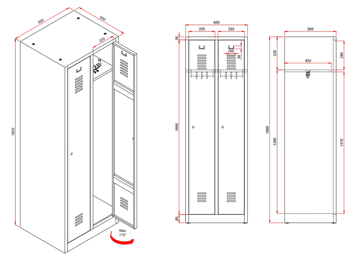 Preview: Garderobenschrank mit 2 Abteilen 180x60x50cm grau, VE10