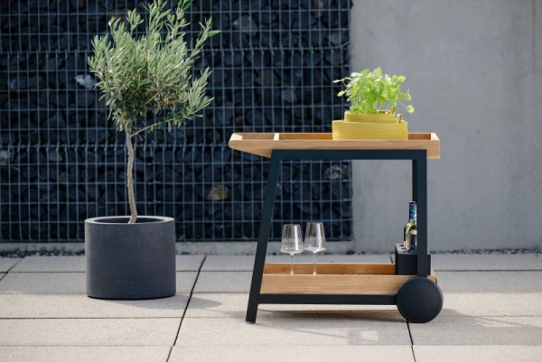 STERN® Servierwagen FRIDO Aluminium schwarz matt mit Ablageflächen aus Teak