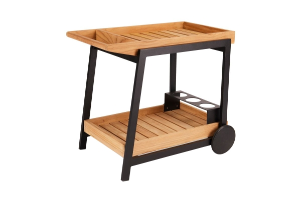 STERN® Servierwagen FRIDO Aluminium schwarz matt mit Ablageflächen aus Teak