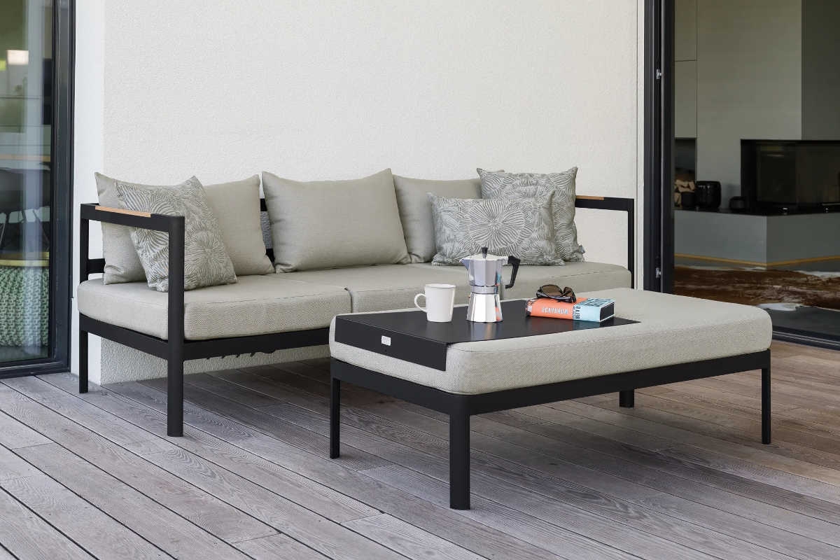 STERN® Set VIGGO Lounge 3-Sitzer Sofa mit Fußbank schwarz/leinen/cream