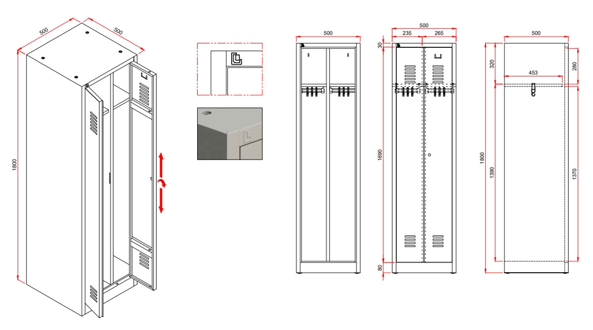 Garderobenschrank mit 2 Abteilen 180x50x50cm grau, VE10