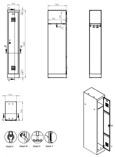 Garderobenschrank mit 1 Abteil 180x31x50cm grau, VE10